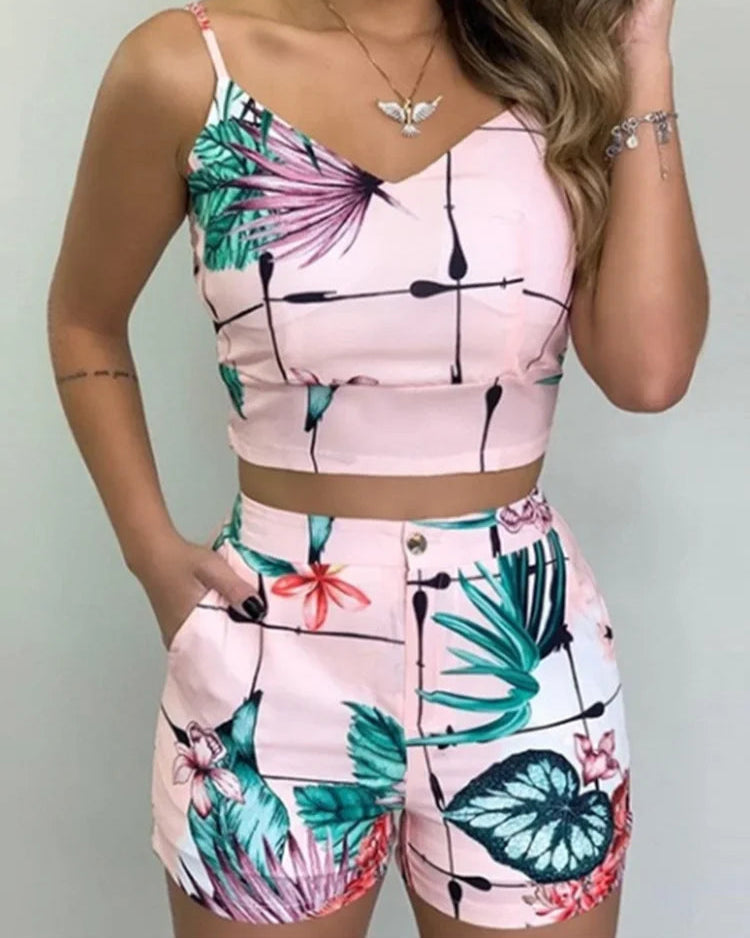 Printed Spaghetti Strap Crop Top & Short Set