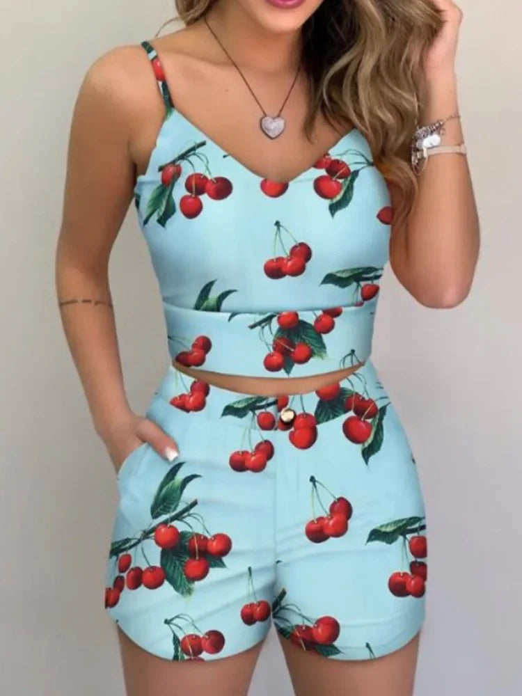 Printed Spaghetti Strap Crop Top & Short Set