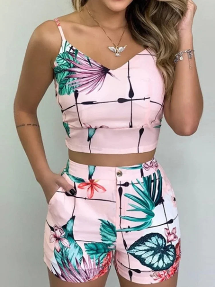 Printed Spaghetti Strap Crop Top & Short Set