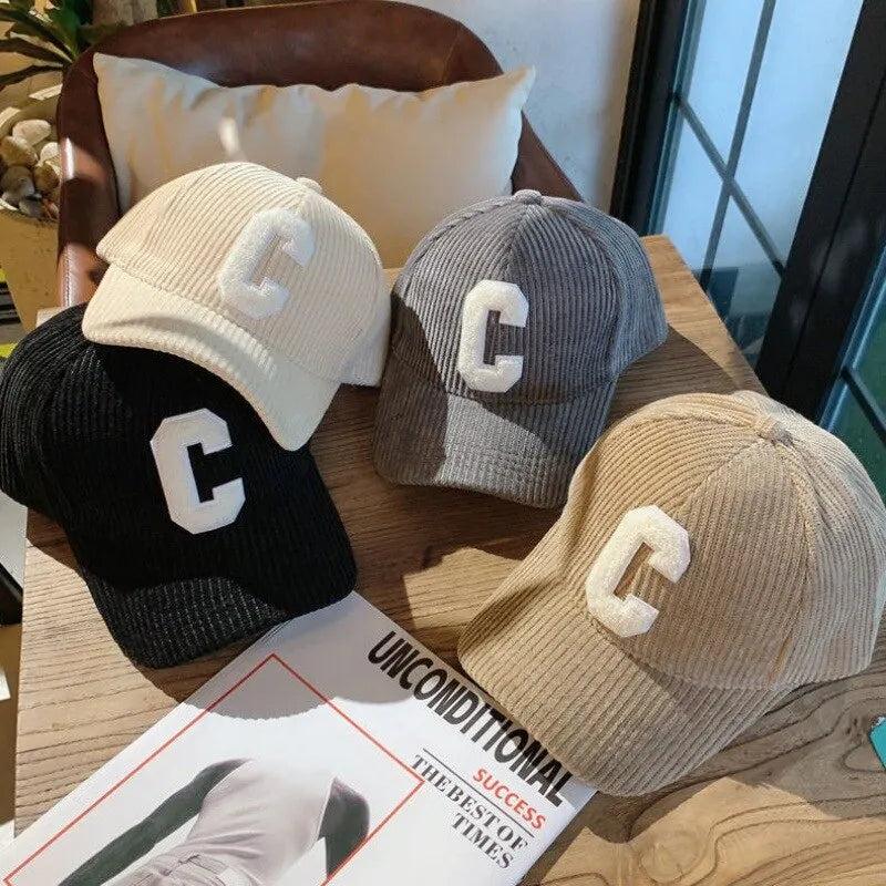 Trendy Corduroy Baseball Cap with Letter 'C' | Adjustable Snapback Hat