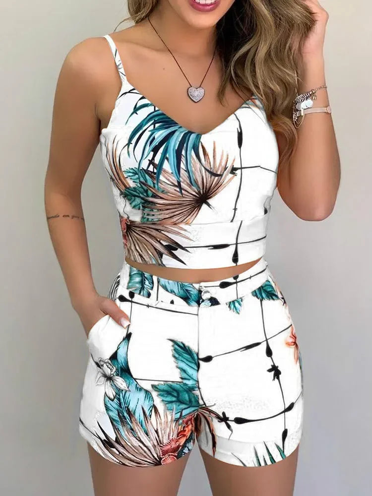 Printed Spaghetti Strap Crop Top & Short Set