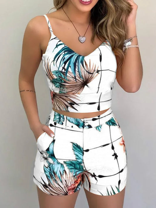 Printed Spaghetti Strap Crop Top & Short Set